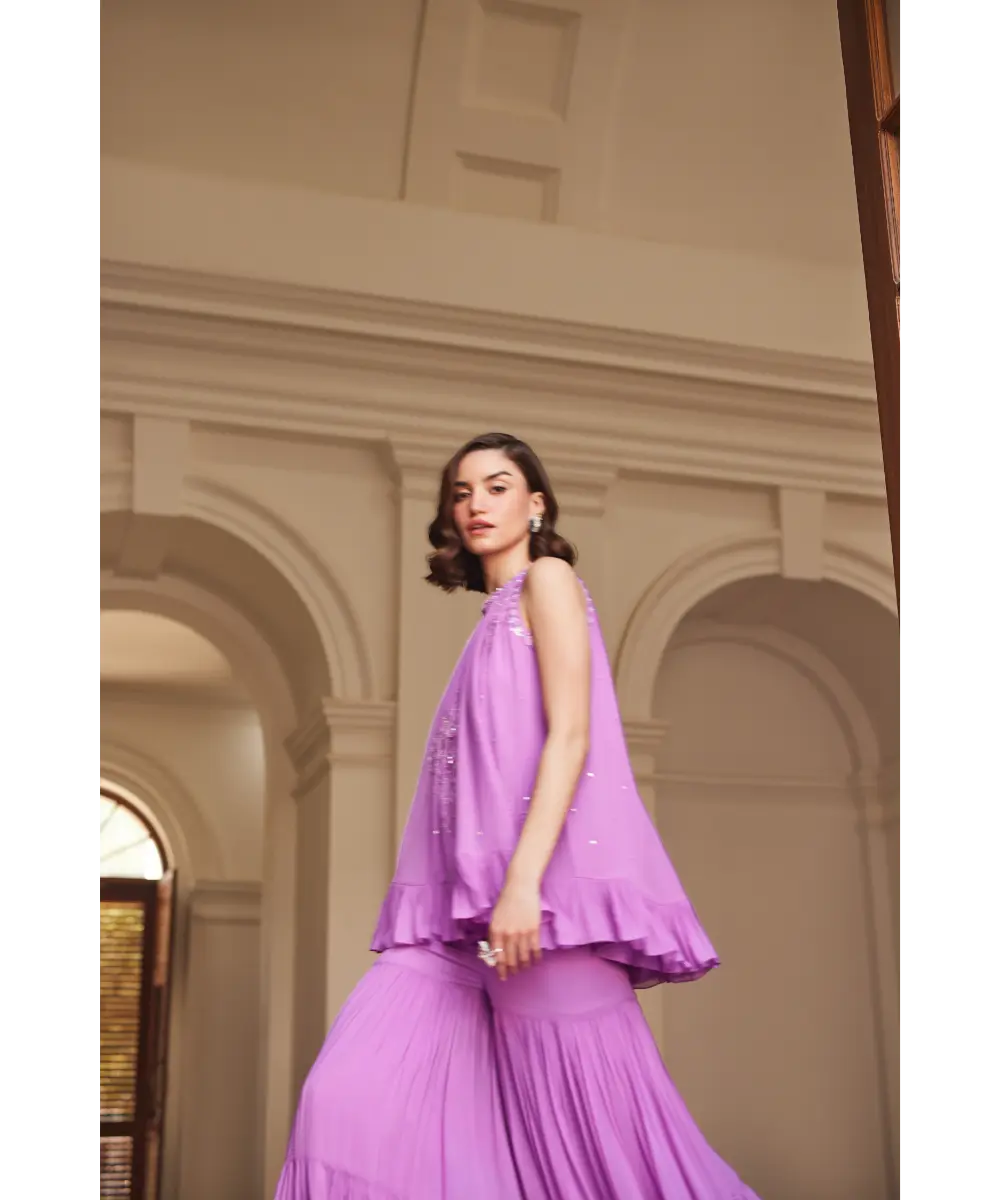 SANYA GULATI- Bubblegum Pink Halterneck Top Sharara
